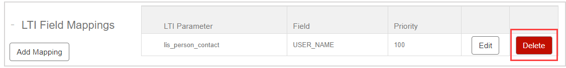 In the new row of the LTI Field Mappings table, the Delete button in the fifth column is highlighted.